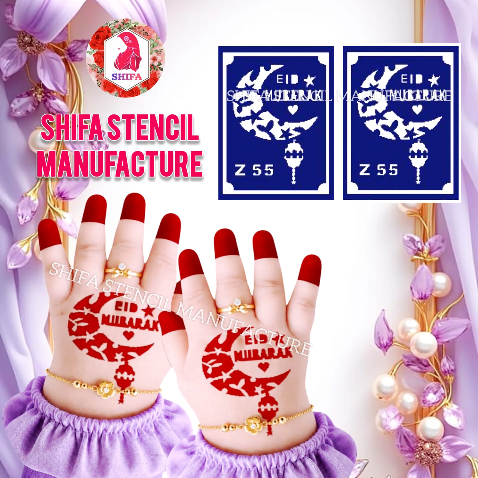 Z 55 Kids Eid Mubarak Crescent Moon Henna Stencil Sticker overview Henna Stencil - Shifa Stencil